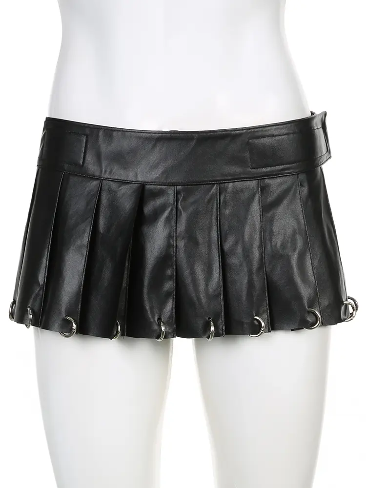 Rockmore Metal Ring Buckle Pleated Leather Skirt One-piece Low Waist Gothic Black Streetwear PU Women'S Mini Skirt Clubwear Sexy