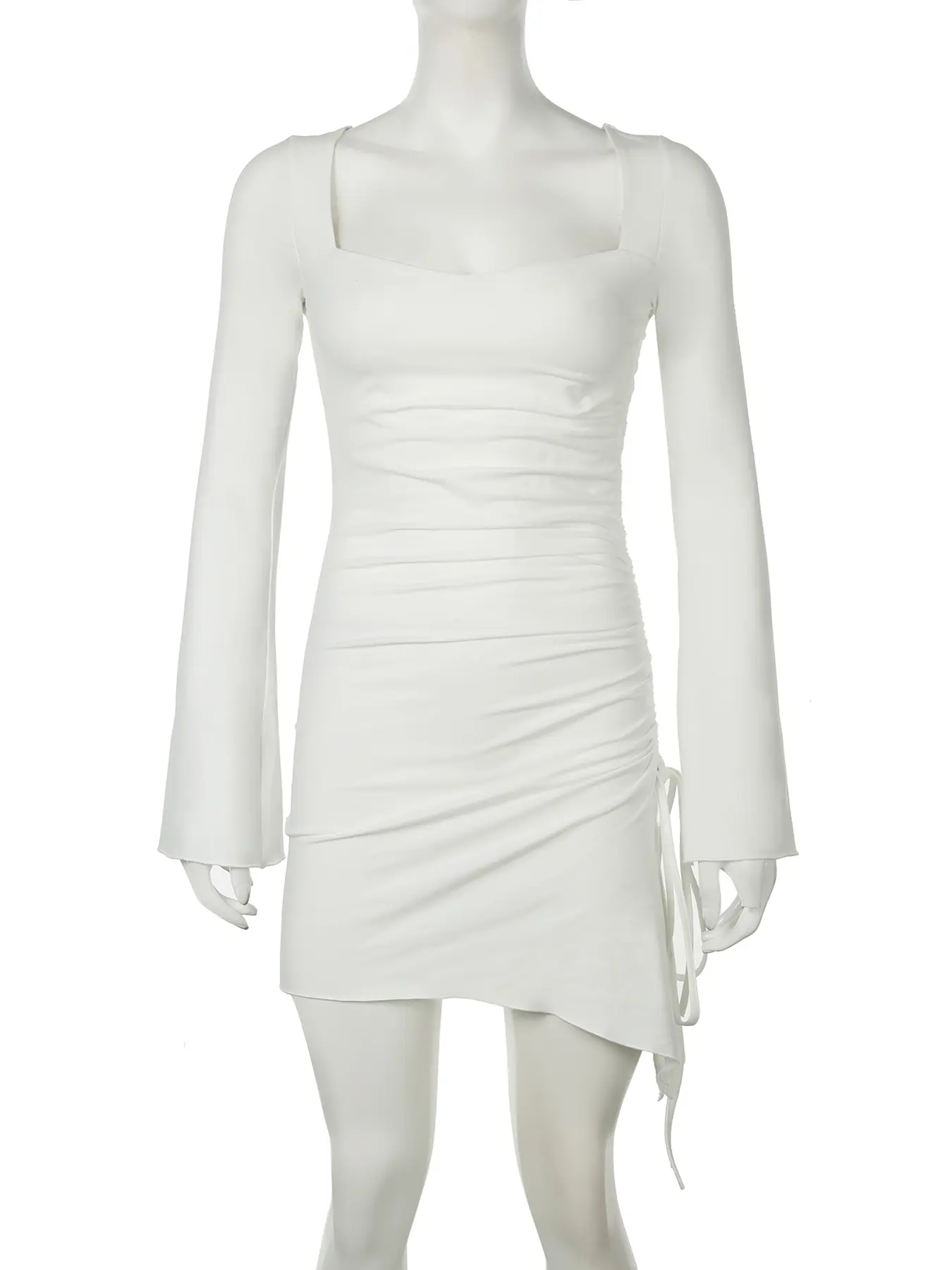 Rockmore Square Collar Side Split Drawstring Bodycon Dress Party Sexy Women's Elegant Long Sleeve Short Dresses Chic Y2k Clothes