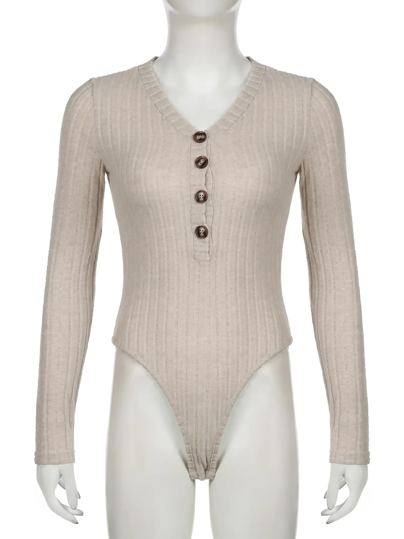 Rockmore Fashion Sexy V-Neck Buttoned Knit Bodysuits Women Slim Long Sleeve Basic One-Piece Y2k Streetwear Casual Solid Jumpsuis