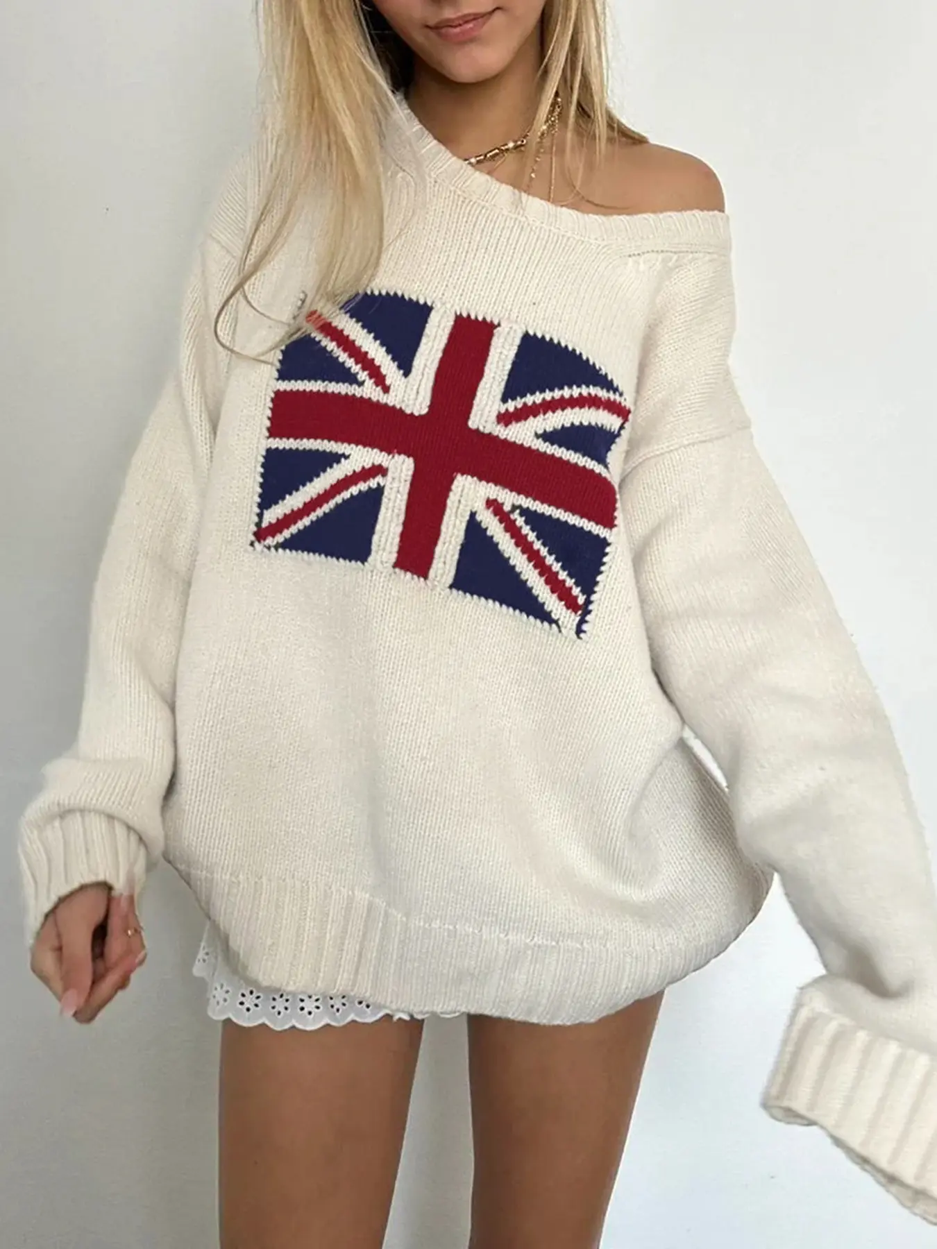 Rockmore Street Loose Casual Sweater Y2K Chic Long Sleeve Vintage Flag Tops Casual Autumn Winter Elegance Harajuku Warm Pullover