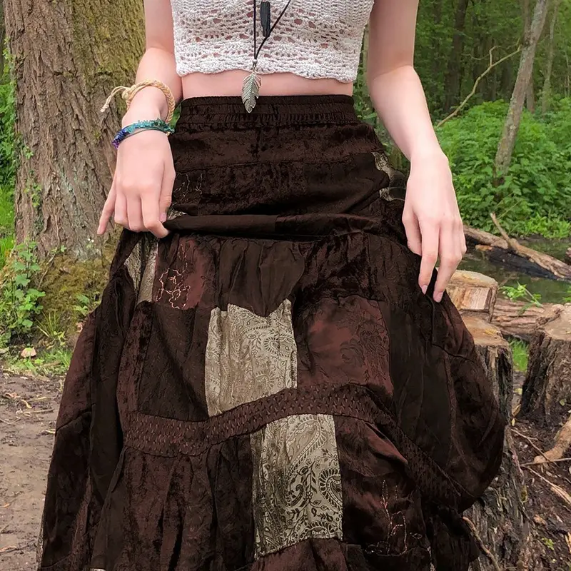 Rockmore Velvet Brown Midi Skirt Women y2k Aesthetic High Waist Maxi Skirt Vintage Patchwork Holiday Long Skirt Grunge Fairycore
