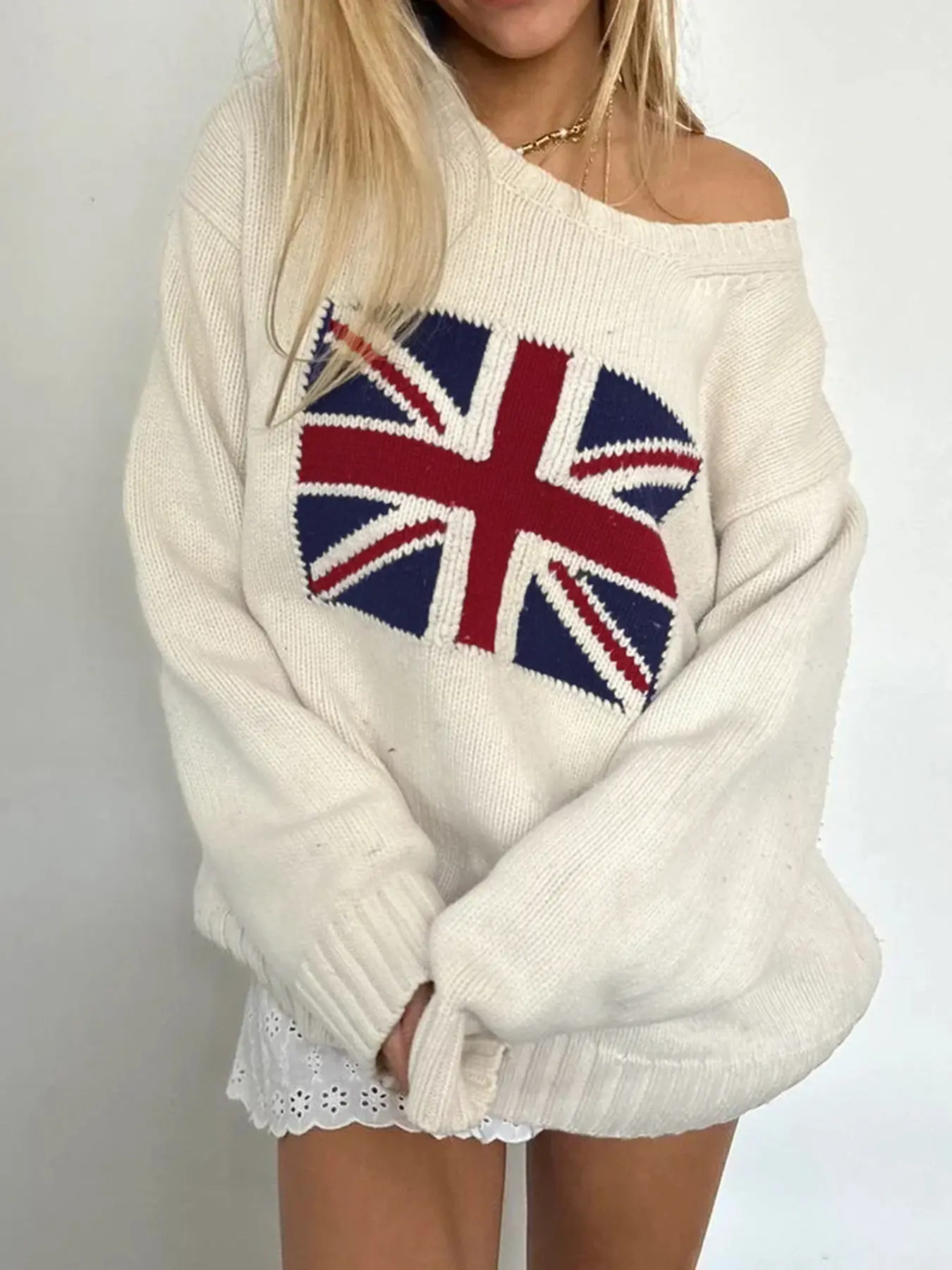 Rockmore Street Loose Casual Sweater Y2K Chic Long Sleeve Vintage Flag Tops Casual Autumn Winter Elegance Harajuku Warm Pullover