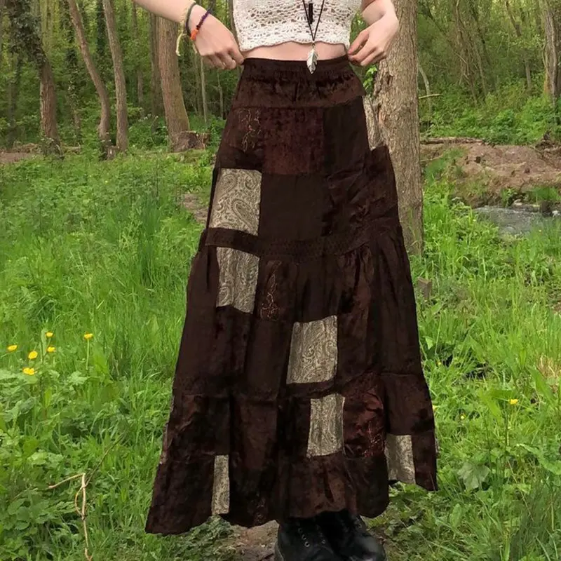 Rockmore Velvet Brown Midi Skirt Women y2k Aesthetic High Waist Maxi Skirt Vintage Patchwork Holiday Long Skirt Grunge Fairycore