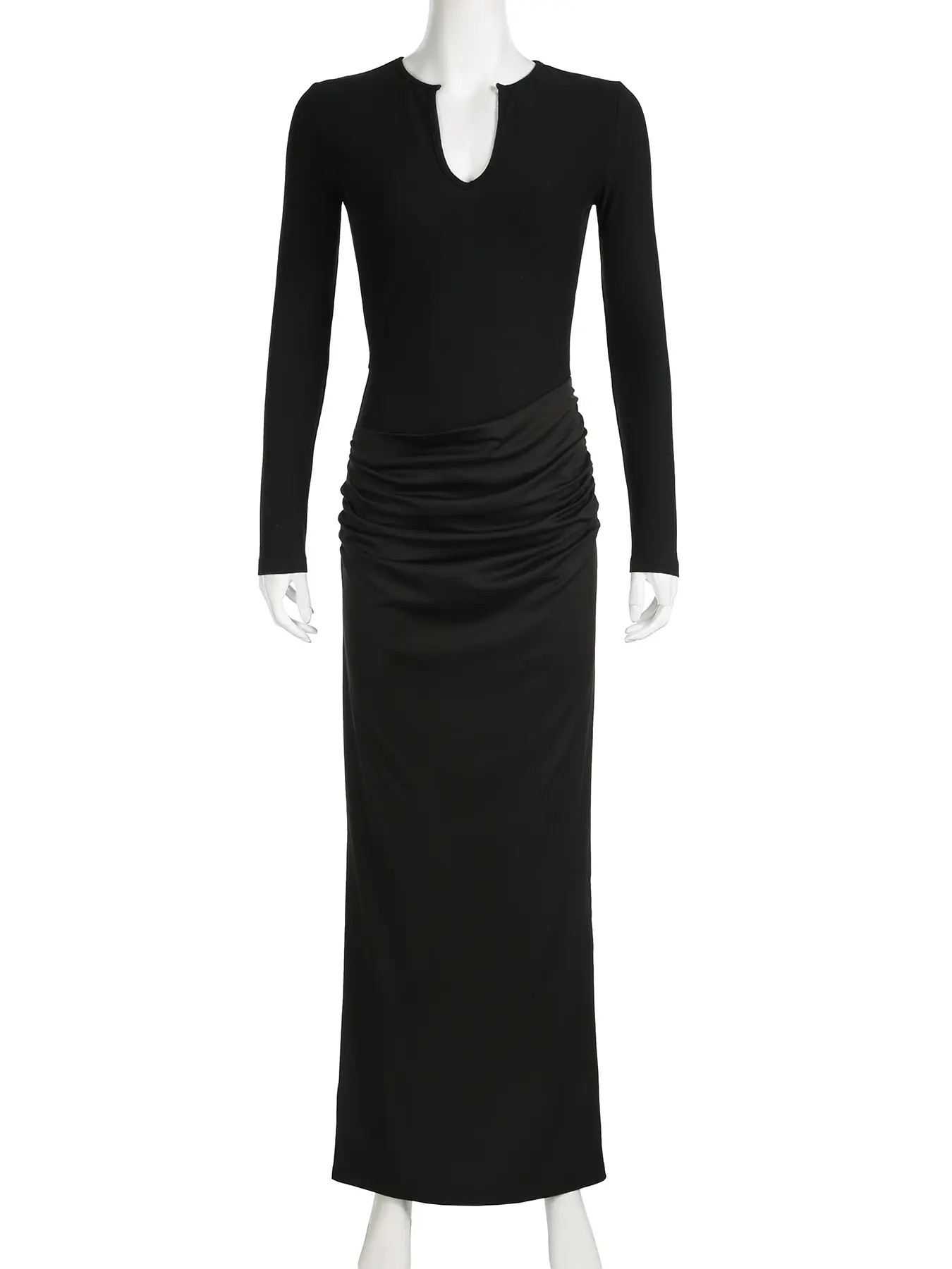 Rockmore Chic Sexy Black Solid Pleated Dress Women Elegant Long Sleeve V-neck Slim Evening Dress Y2k Aesthetic All Match Clothes