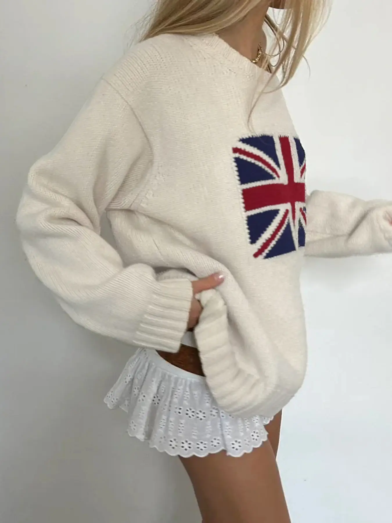 Rockmore Street Loose Casual Sweater Y2K Chic Long Sleeve Vintage Flag Tops Casual Autumn Winter Elegance Harajuku Warm Pullover