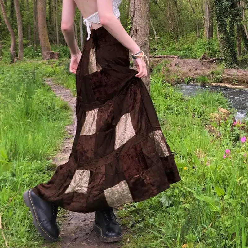 Rockmore Velvet Brown Midi Skirt Women y2k Aesthetic High Waist Maxi Skirt Vintage Patchwork Holiday Long Skirt Grunge Fairycore