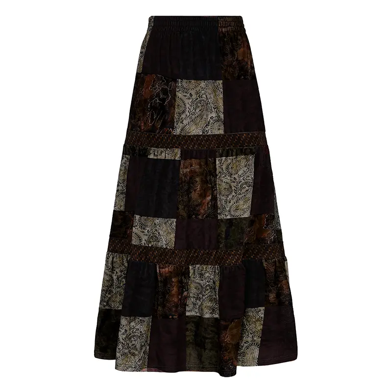 Rockmore Velvet Brown Midi Skirt Women y2k Aesthetic High Waist Maxi Skirt Vintage Patchwork Holiday Long Skirt Grunge Fairycore