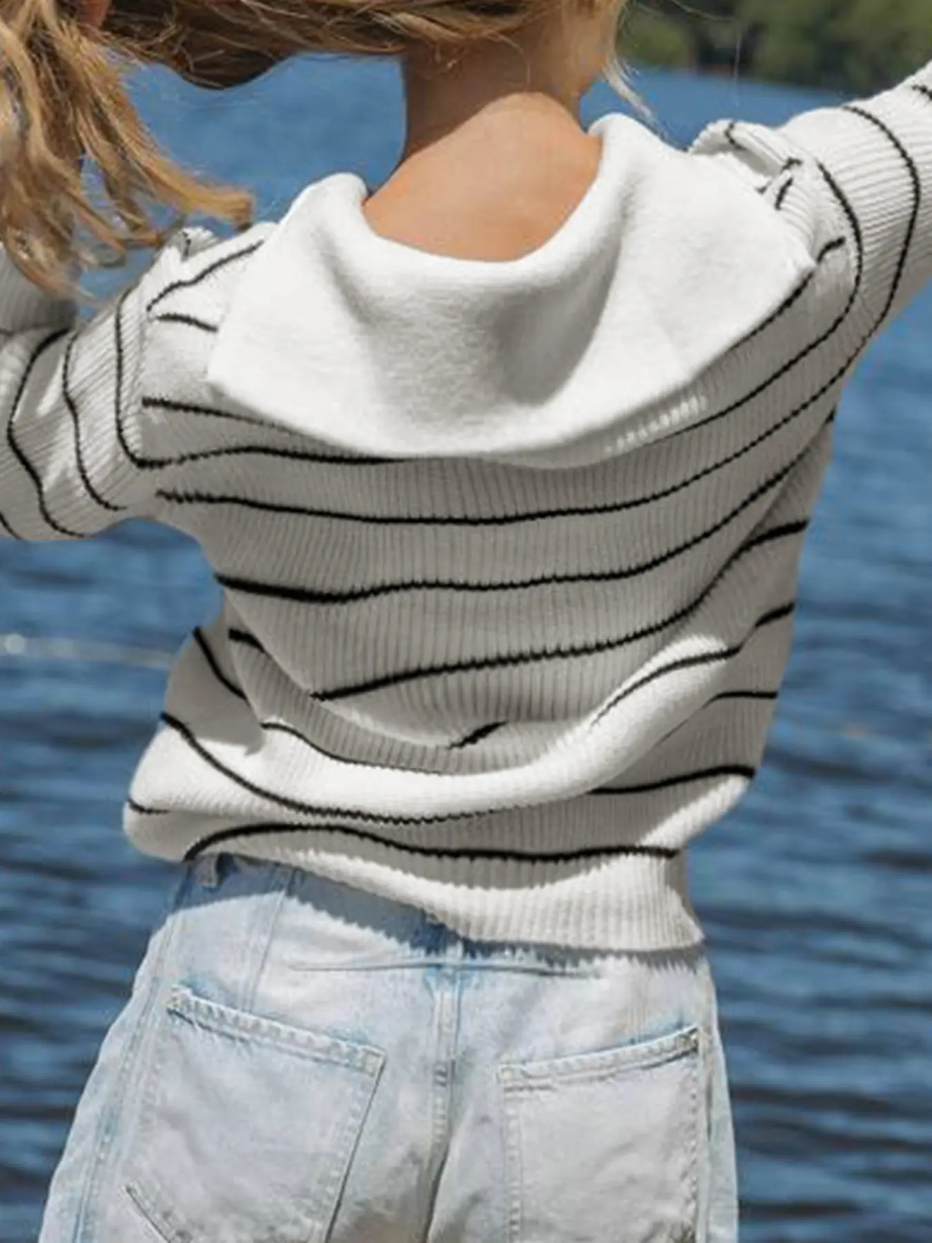 Rockmore Y2k Hooded Striped Sweater Casual Daily Loose Long Sleeve Tops Harajuku Women's Pullovers Fashion Autumn Winter Clothes