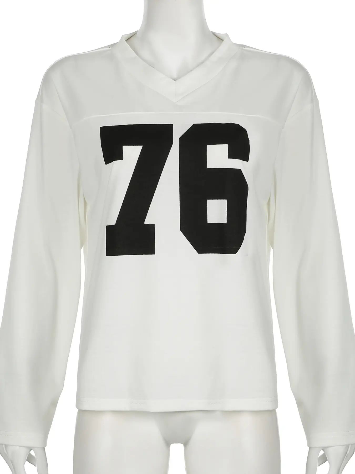 Rockmore “76”number Print Loose Long Sleeve T-Shirts for Women Autumn All-match V-neck Oversized Tops Streetwear Casual Vintage