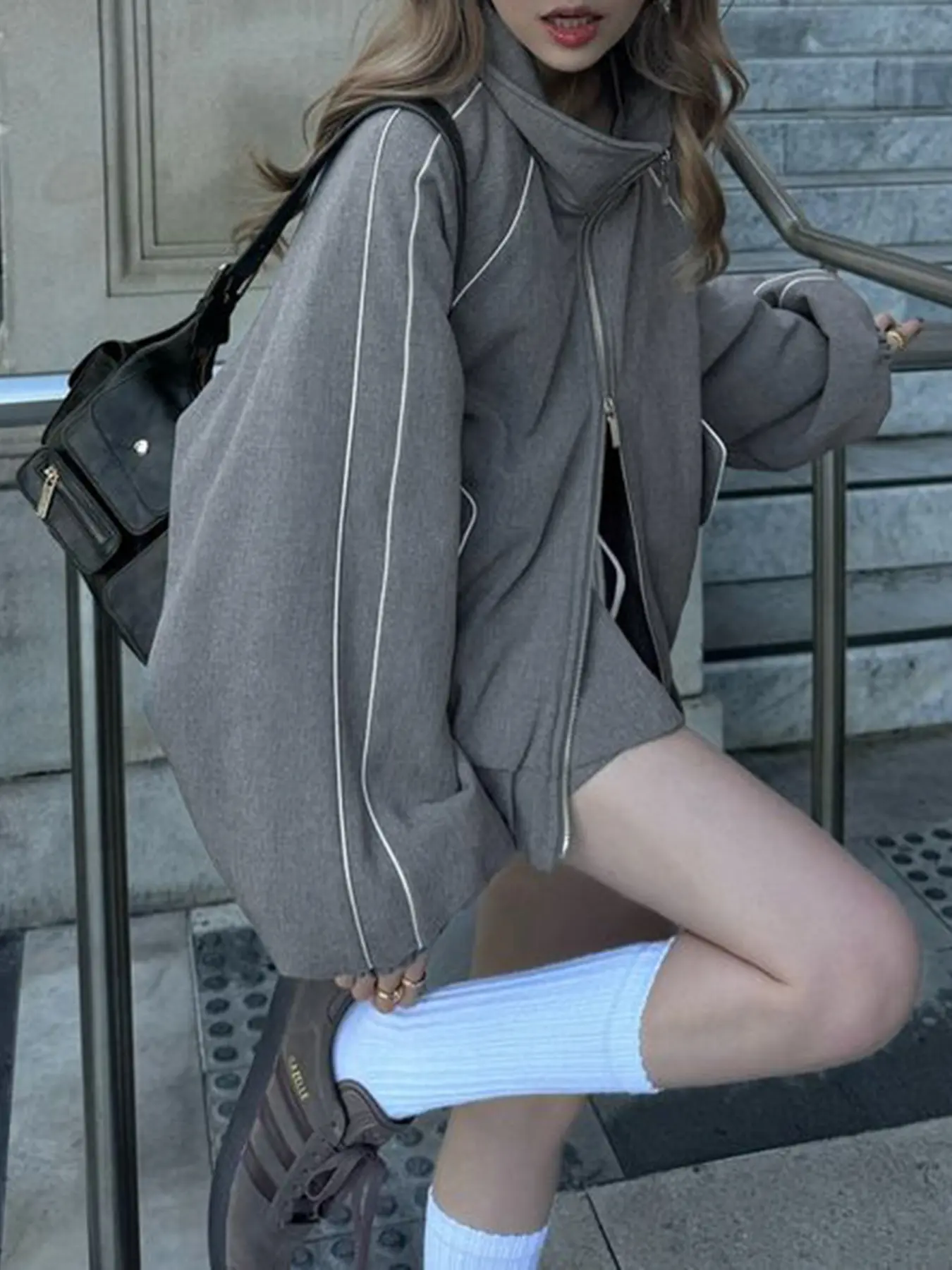 Rockmore Korean Solid Zip Up Jacket Woman Hoodless Female Stand Collar Long Sleeve Short Coats Y2k Clothes Streetwear Harajuku