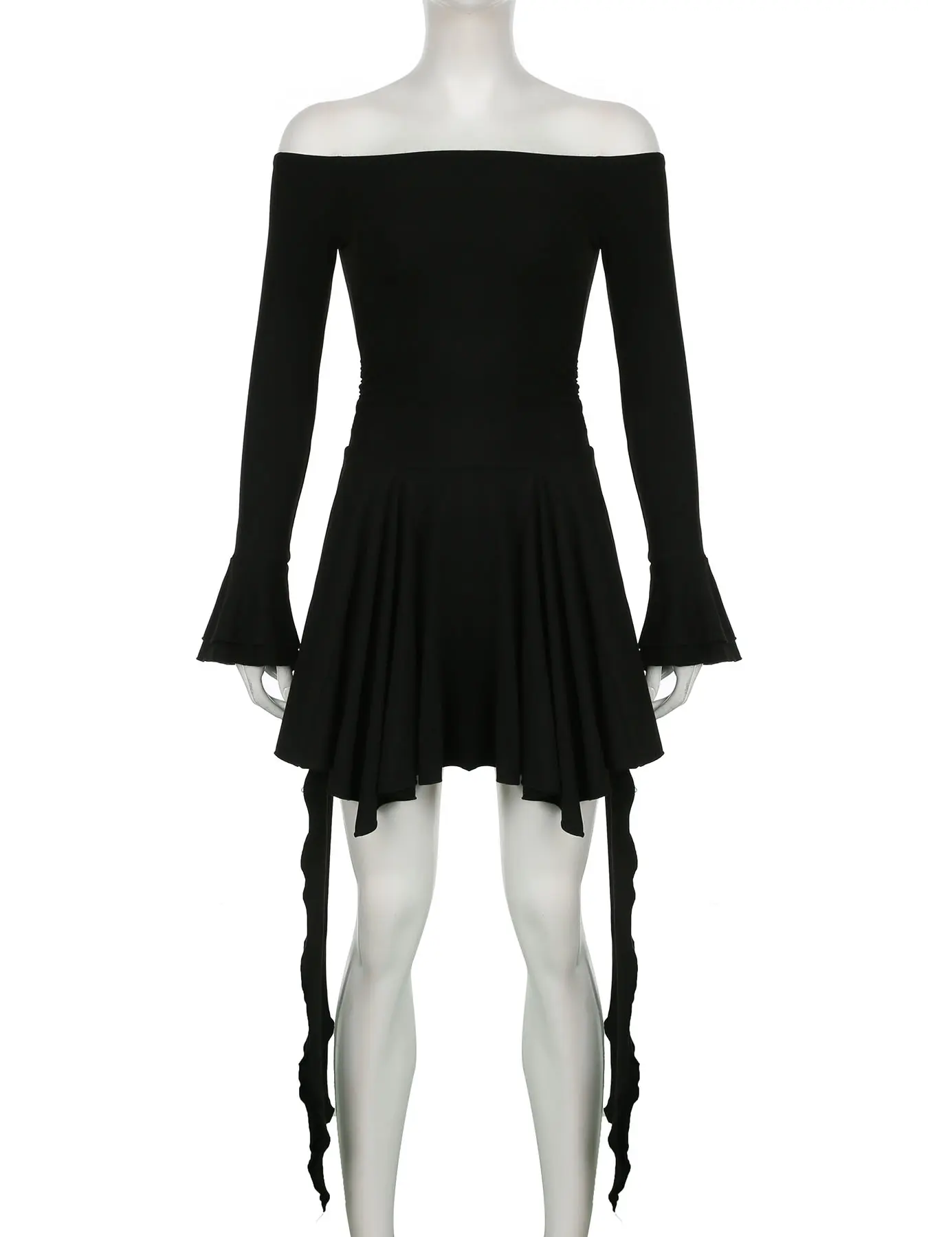 Rockmore Black Off Shoulder Party Short Dress Women Elegant Strapless Long Sleeve Mini Dress Grunge Streetwear Aesthetics Outfit