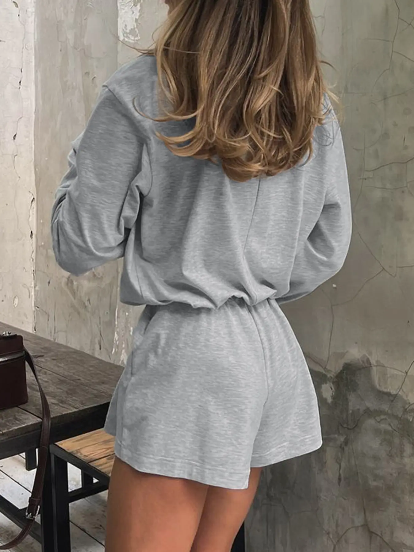 Rockmore Grey Casual Solid Loose Jumpsuit Shorts Women Chic One Piece Set Long Sleeve Harajuku Single-breasted Rompers All Match