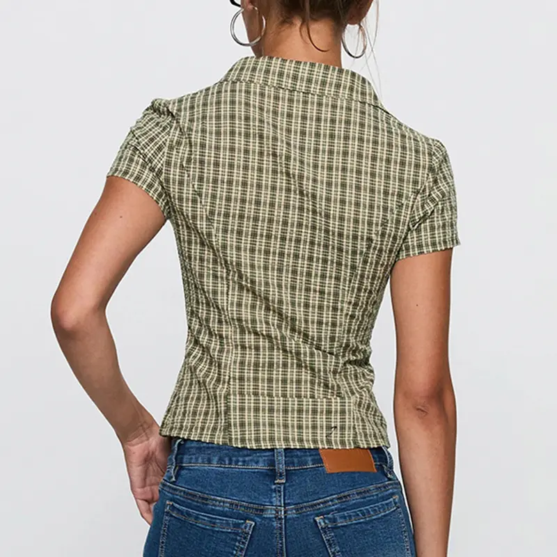 Rockmoer Women Tartan Blouses Office Ladies Skinny Slim Button Up Plaid Shirts Y2K Street Vintage Casual Female Short Sleeve Top