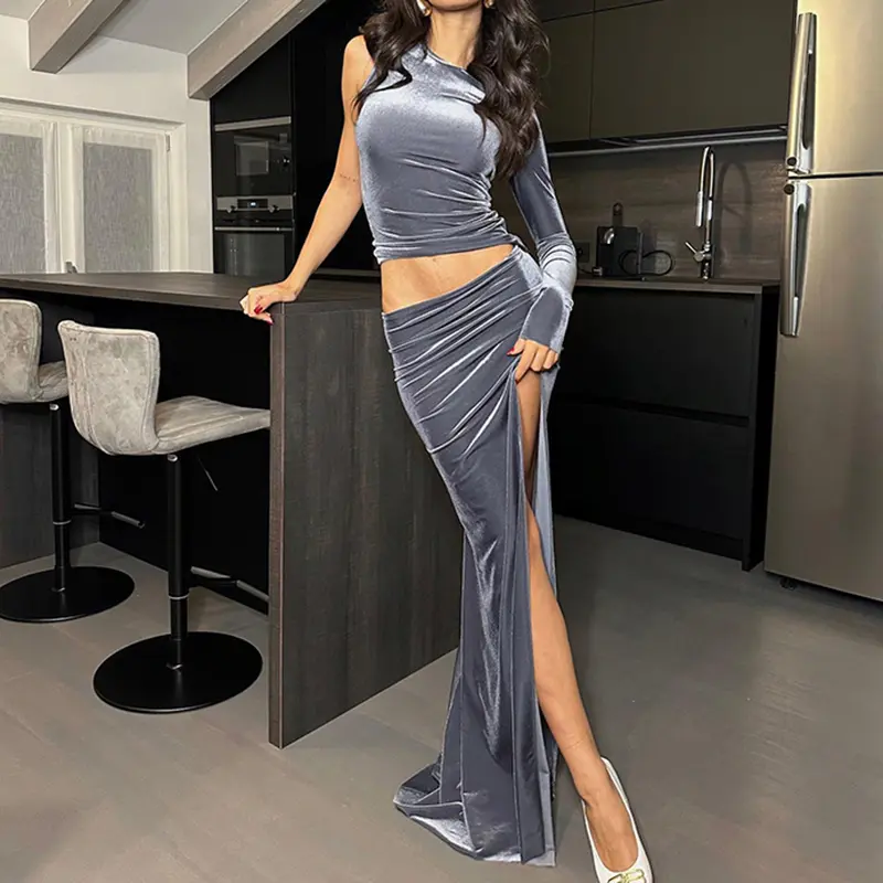 Rockmore One-Piece Sexy Single-Sleeve Hollow Elegant Velvet Dress For Women Fashion Party Solid High Slit One-Step Long Dresses
