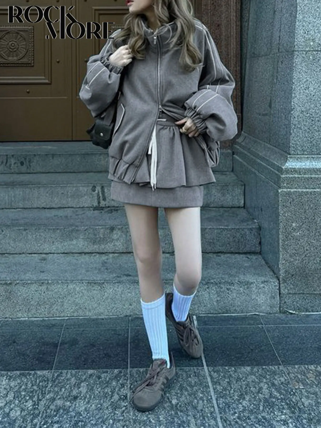 Rockmore Korean Solid Zip Up Jacket Woman Hoodless Female Stand Collar Long Sleeve Short Coats Y2k Clothes Streetwear Harajuku