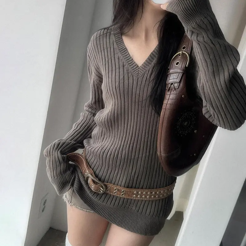 Rockmore Solid V Neck Long Sweater Harajuku Basic Full Sleeve Women's Jumper Pullover Korean Fashion Slim Fit Knitwears 2025