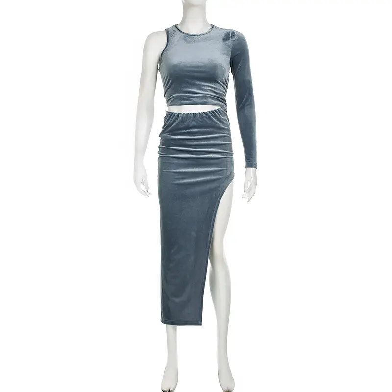 Rockmore One-Piece Sexy Single-Sleeve Hollow Elegant Velvet Dress For Women Fashion Party Solid High Slit One-Step Long Dresses