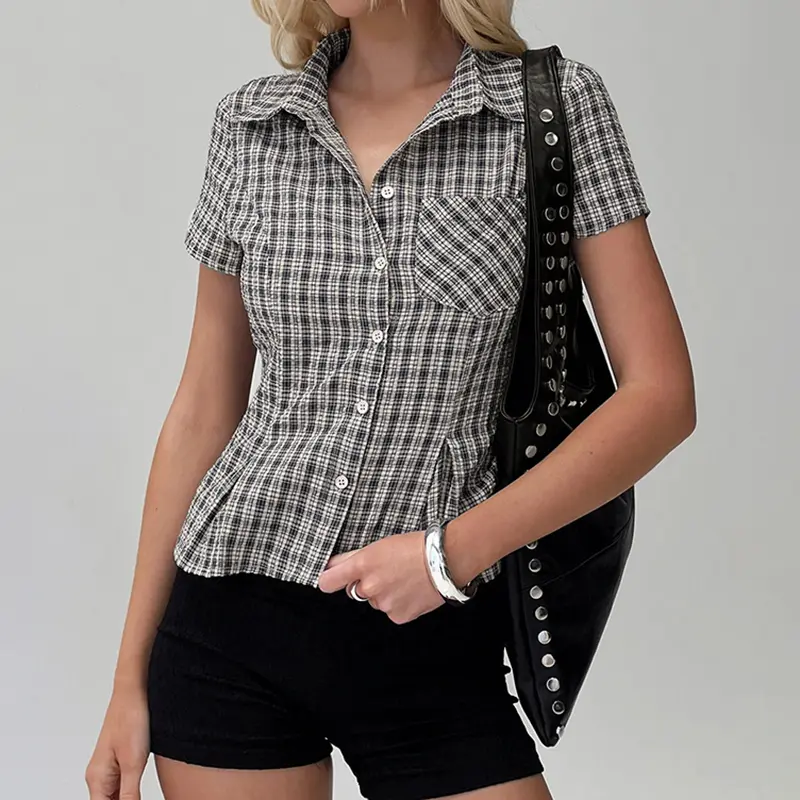 Rockmoer Women Tartan Blouses Office Ladies Skinny Slim Button Up Plaid Shirts Y2K Street Vintage Casual Female Short Sleeve Top