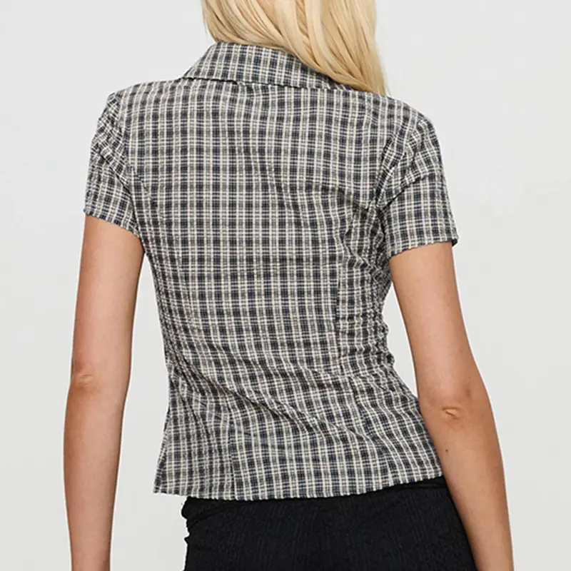 Rockmoer Women Tartan Blouses Office Ladies Skinny Slim Button Up Plaid Shirts Y2K Street Vintage Casual Female Short Sleeve Top