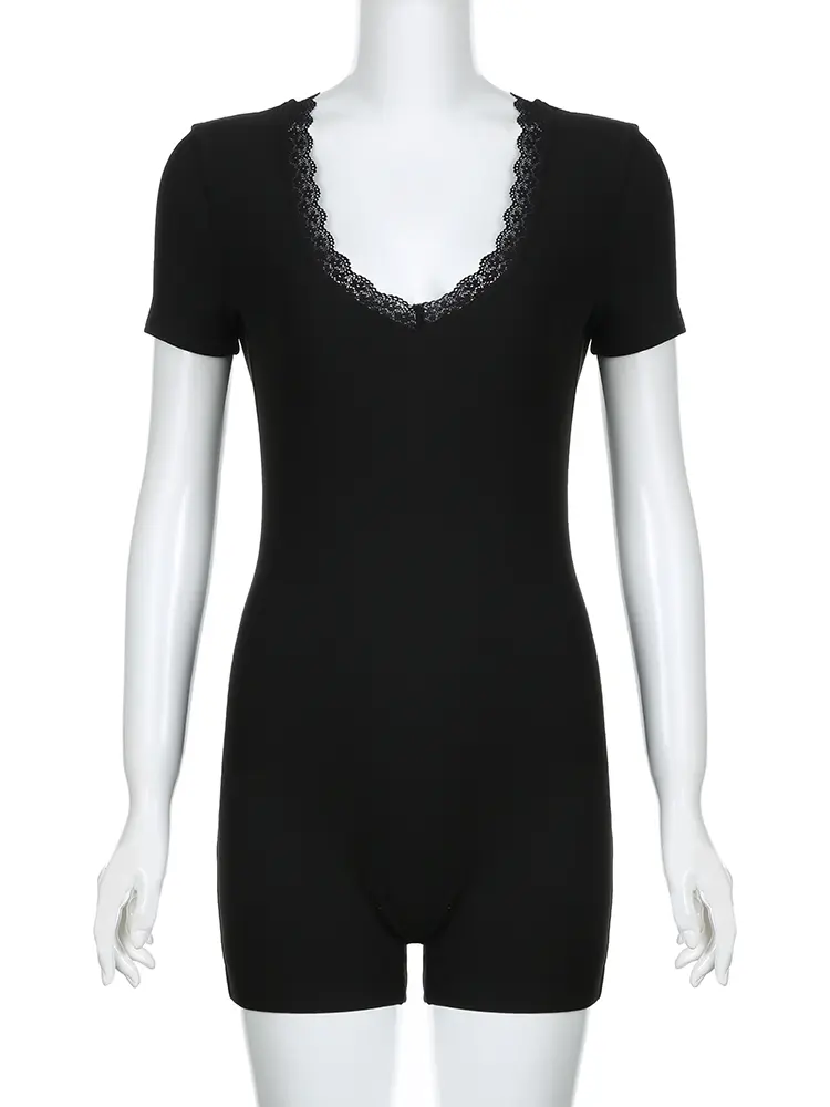 Rockmore Lace Frill Sexy V Neck Jumpsuit for Women Skinny Shorts Rompers Streetwear Black Short Sleeve Bodycon Bodysuit Casual