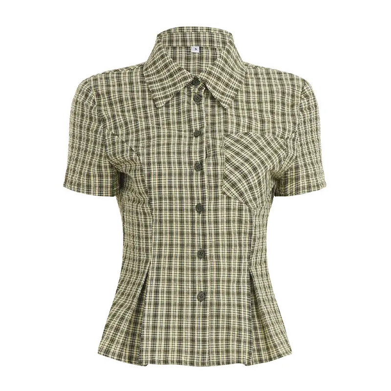 Rockmoer Women Tartan Blouses Office Ladies Skinny Slim Button Up Plaid Shirts Y2K Street Vintage Casual Female Short Sleeve Top