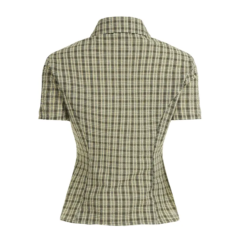 Rockmoer Women Tartan Blouses Office Ladies Skinny Slim Button Up Plaid Shirts Y2K Street Vintage Casual Female Short Sleeve Top