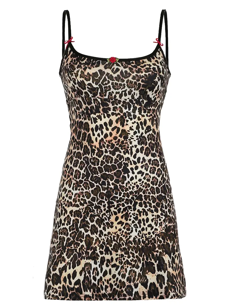 Rockmore Leopard Print Bow Flowers Decor Cami Dress Beach Vacation Casual Sleeveless Spaghetti Strap Short Dresses Summer Women