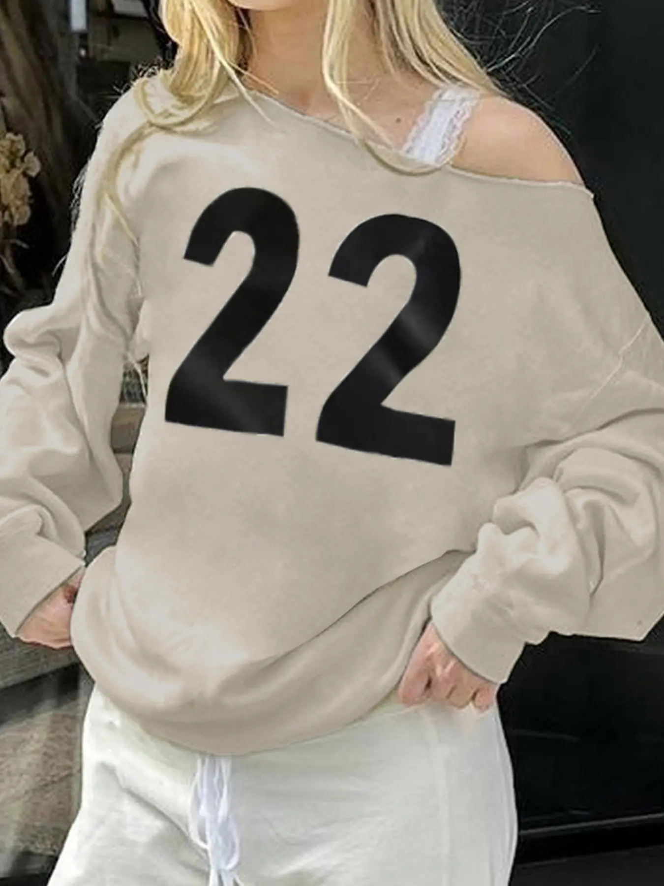 Rockmore Streetwear Sexy Slash Neck Off Shoulder Numeber Sweatshirt Harajuku Casual Loose Long Sleeve Pullover Tops Y2k Clothes