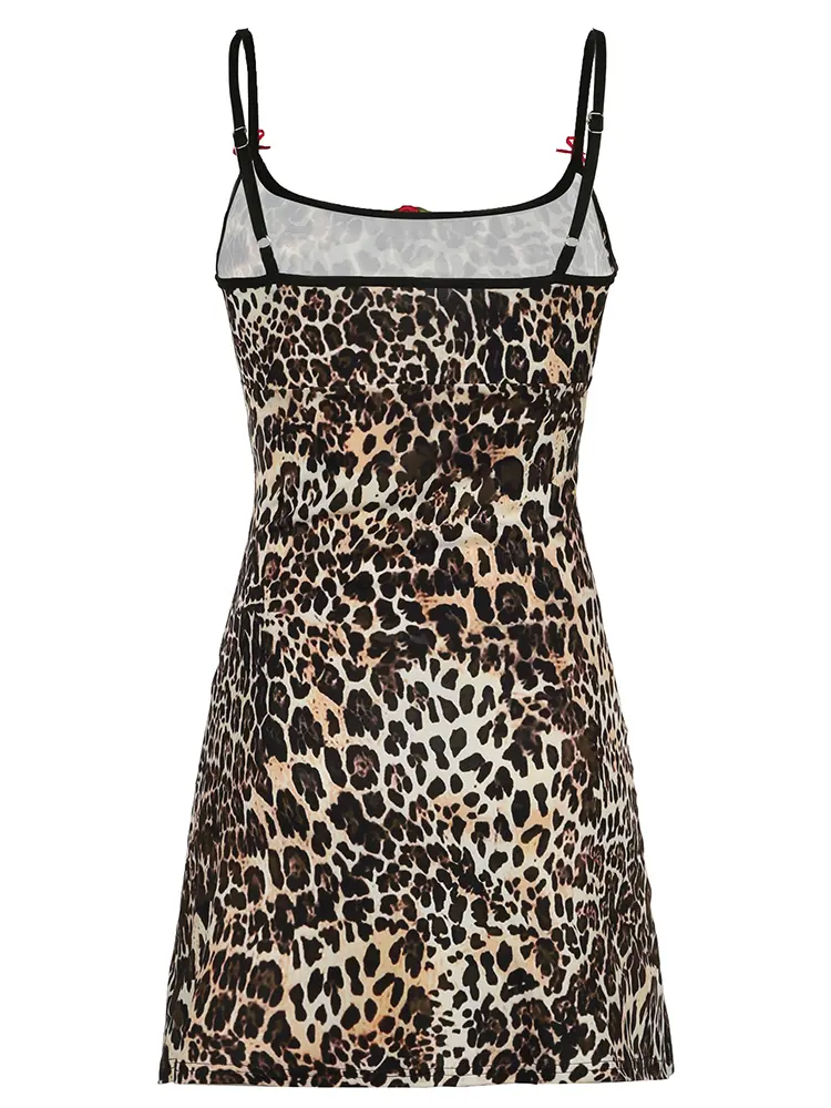 Rockmore Leopard Print Bow Flowers Decor Cami Dress Beach Vacation Casual Sleeveless Spaghetti Strap Short Dresses Summer Women