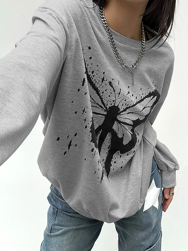 Rockmore Aesthetic Butterfly Print Sweatshirt for Women Harajuku Vintage Long Sleeve Casual Autumn Loose Pullover Top Y2K Outfit