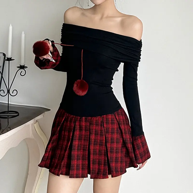 Mini Dresses for Women New Fashion Plaid Pattern Funnel Neck Long Sleeve Casual Temperament Elegant 2025 Autumn A Line Dress