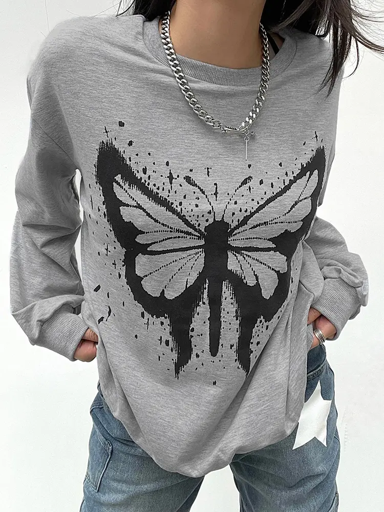 Rockmore Aesthetic Butterfly Print Sweatshirt for Women Harajuku Vintage Long Sleeve Casual Autumn Loose Pullover Top Y2K Outfit