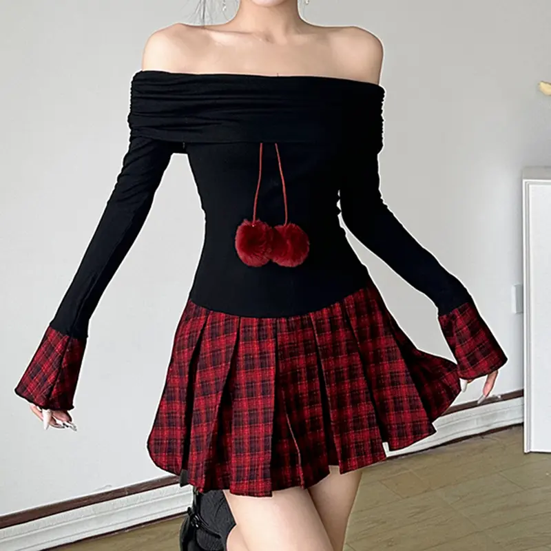 Mini Dresses for Women New Fashion Plaid Pattern Funnel Neck Long Sleeve Casual Temperament Elegant 2025 Autumn A Line Dress