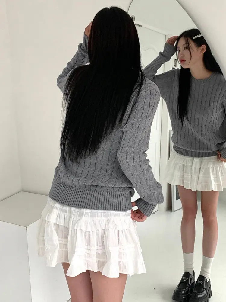 Rockmore Harajuku Gray Casual Sweater Y2K Knitted Long Sleeve Autumn Sweaters for Women Vintage Crew Neck Basic Jumper Korean