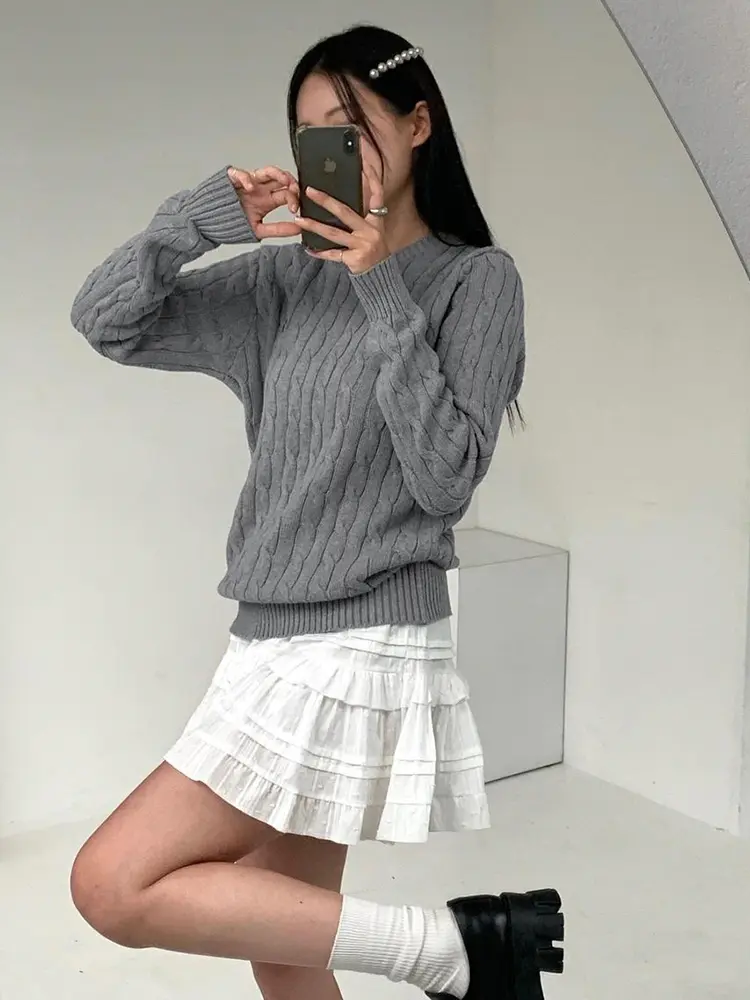 Rockmore Harajuku Gray Casual Sweater Y2K Knitted Long Sleeve Autumn Sweaters for Women Vintage Crew Neck Basic Jumper Korean
