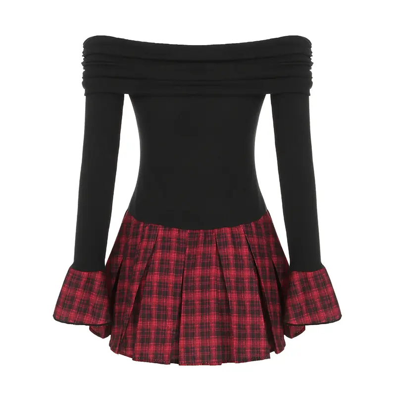 Mini Dresses for Women New Fashion Plaid Pattern Funnel Neck Long Sleeve Casual Temperament Elegant 2025 Autumn A Line Dress