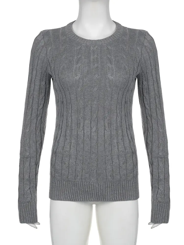 Rockmore Harajuku Gray Casual Sweater Y2K Knitted Long Sleeve Autumn Sweaters for Women Vintage Crew Neck Basic Jumper Korean