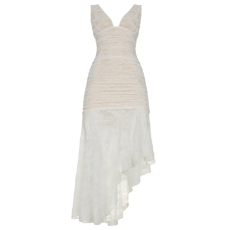 Rockmore Elegant Lace deep V-neck Long Dresses Women Party Irregular Backless Sexy Pleated Warp Dress Summer Holiday vestidos