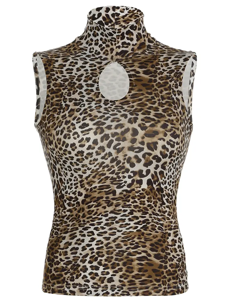 Rockmore Leopard Print Turtleneck Hollow Out Tank Top for Women Y2K Vintage Slim Fairycore Streetwear Sleeveless Camisole