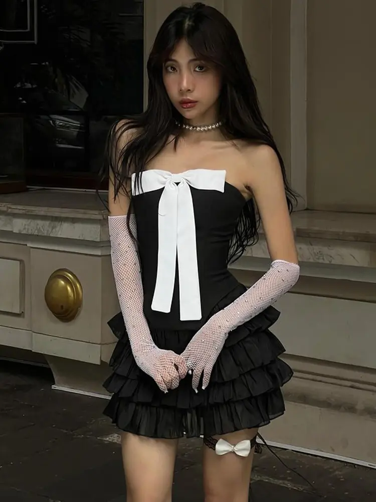 Rockmore Sexy Bow Strapless Party Dress Coquette Fashion Women Holiday Corset Pleated Mini Dresses A-line Sleeveless Backless