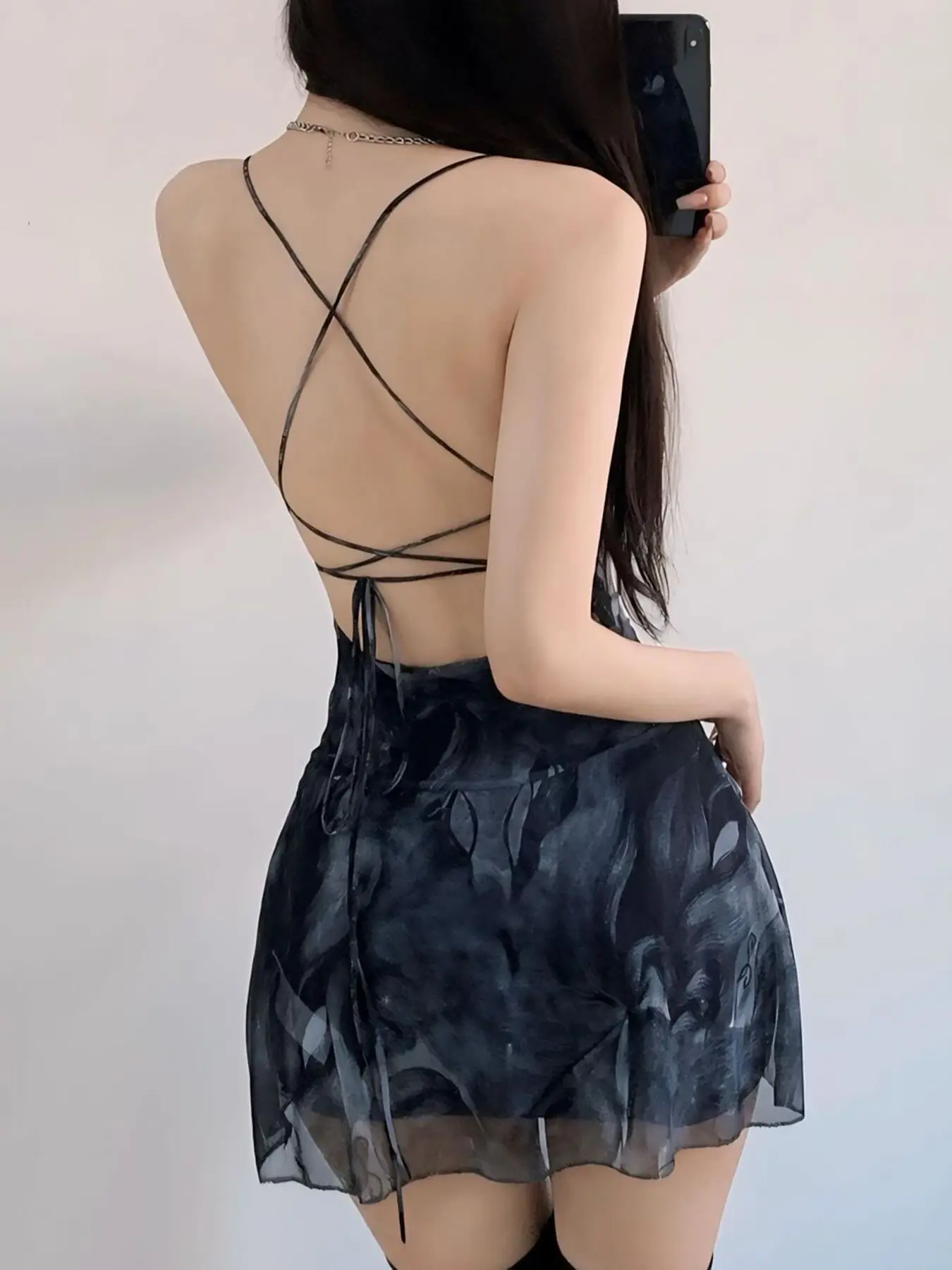 Rockmore Sexy Cross-over Backless Mini Dress Aesthetic Holiday Slim SKinny Mesh A-Line Dress Beach Sleeveless Spaghetti Strap