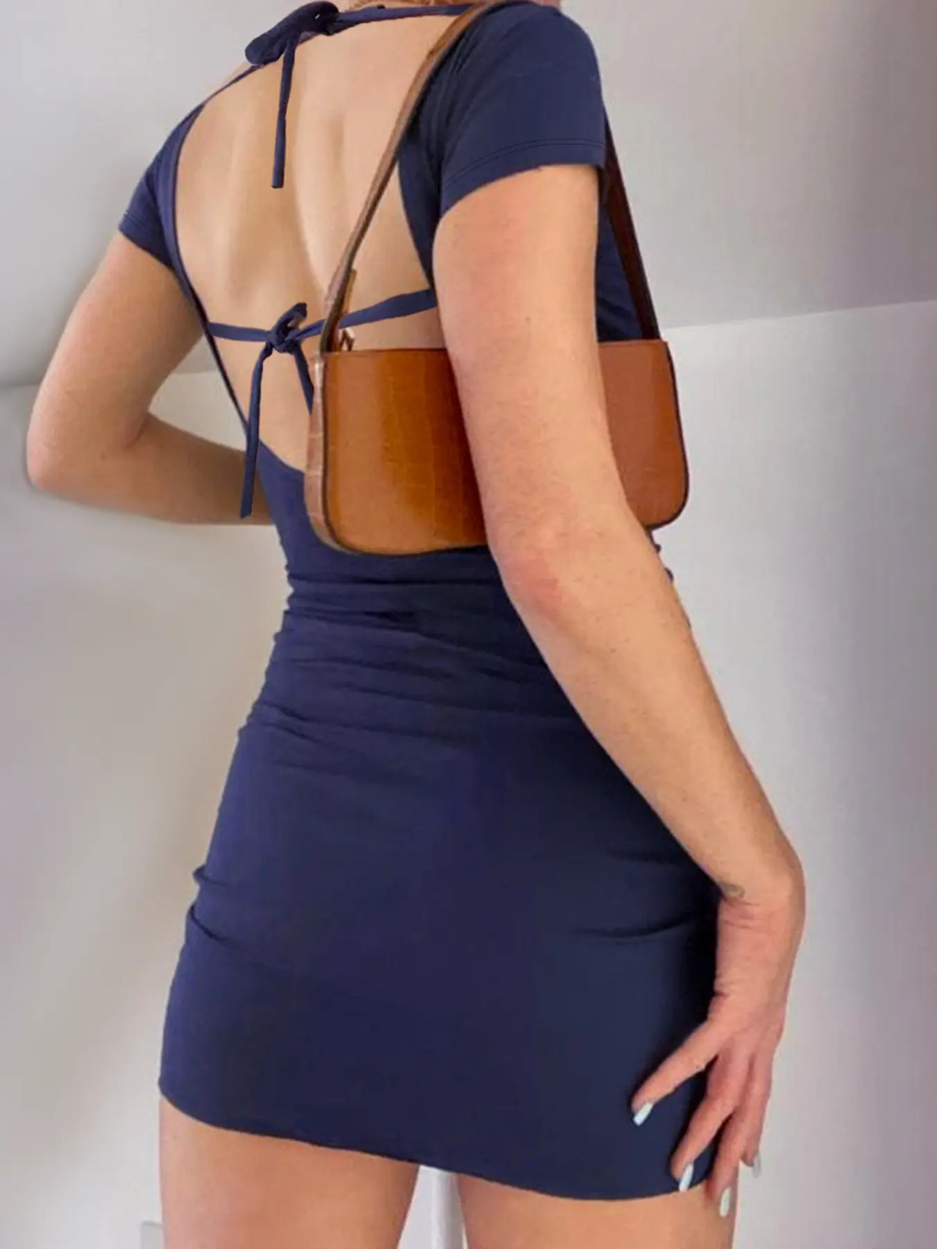 Rockmore Backless Lace-Up Dress Korean Fashion Knit Sexy Women's Dresses Summer Solid Short Dress Y2K Youthful Casual Clothing
