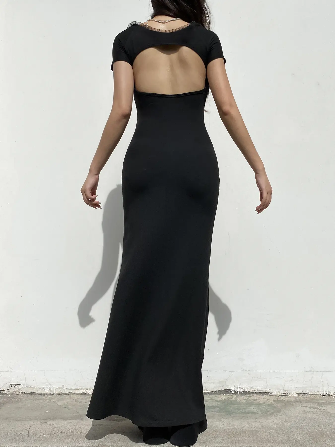 Rockmore Fashion Black One-shoulder Dress Y2K Streetwear Solid Sexy Backless Short Sleeve Long Dress Women Evening Party Dresses