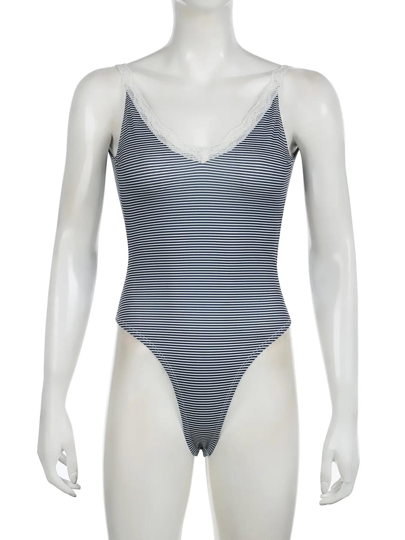 Rockmore Striped Print Contrast Lace Trim Deep V Neck Bodysuit Women Y2K Cute Casual Backless Spaghetti Straps Body Tops Summer