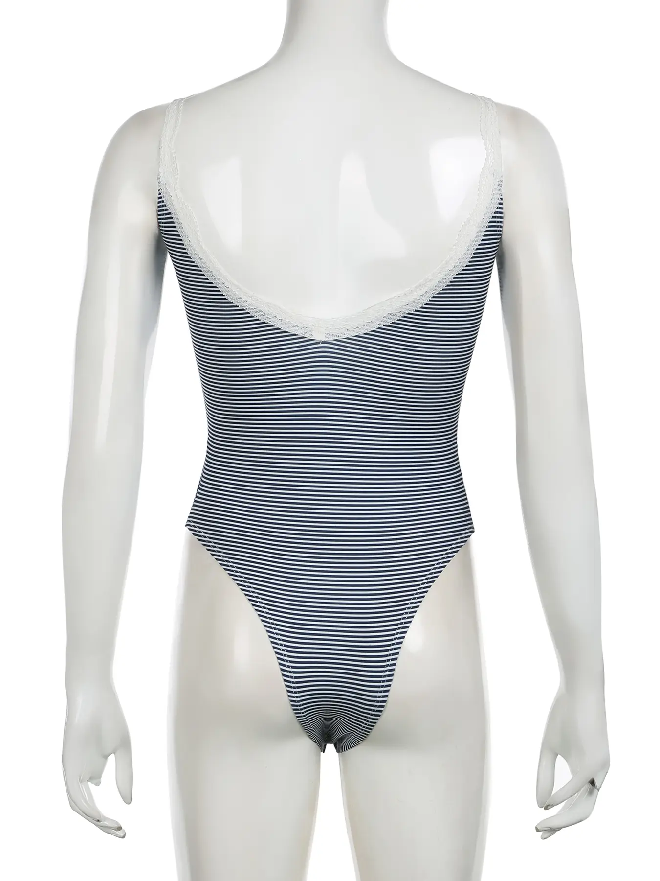 Rockmore Striped Print Contrast Lace Trim Deep V Neck Bodysuit Women Y2K Cute Casual Backless Spaghetti Straps Body Tops Summer