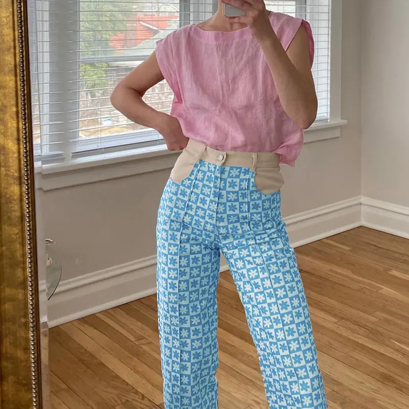 Rockmore Flower Pattern High Waist Women'S Jeans 90s Streetwear Trousers Baggy Leg Pants Mom Boyfriend Pants Denim Capris