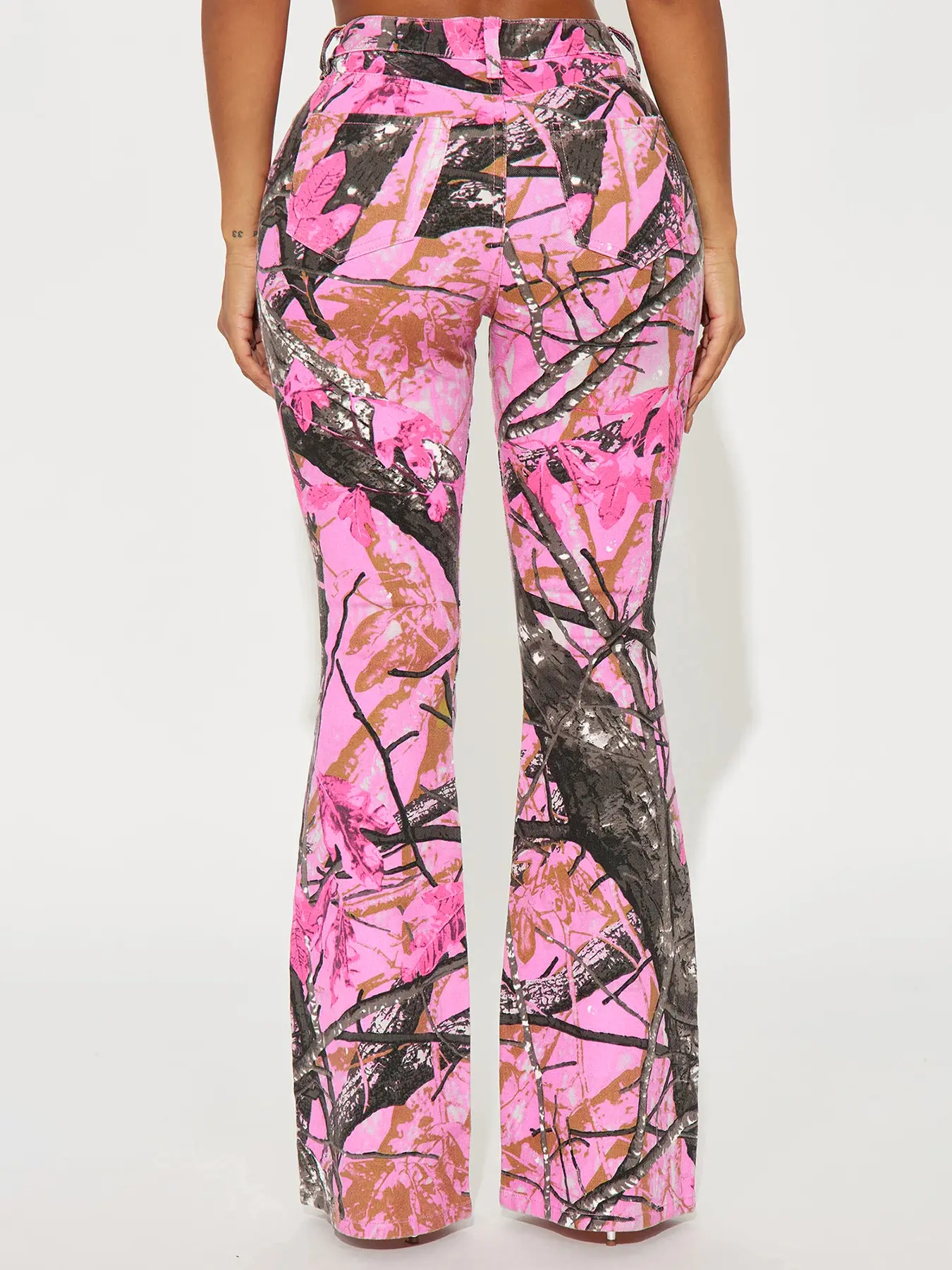 Rockmore Pink Thorn Camouflage Printed Flare Pant Casual High Street Trouser Women Y2k Clothes Autumn Aesthetic Grunge Fairycore