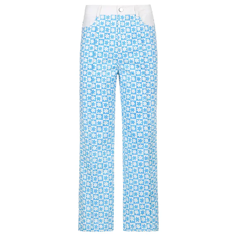 Rockmore Flower Pattern High Waist Women'S Jeans 90s Streetwear Trousers Baggy Leg Pants Mom Boyfriend Pants Denim Capris