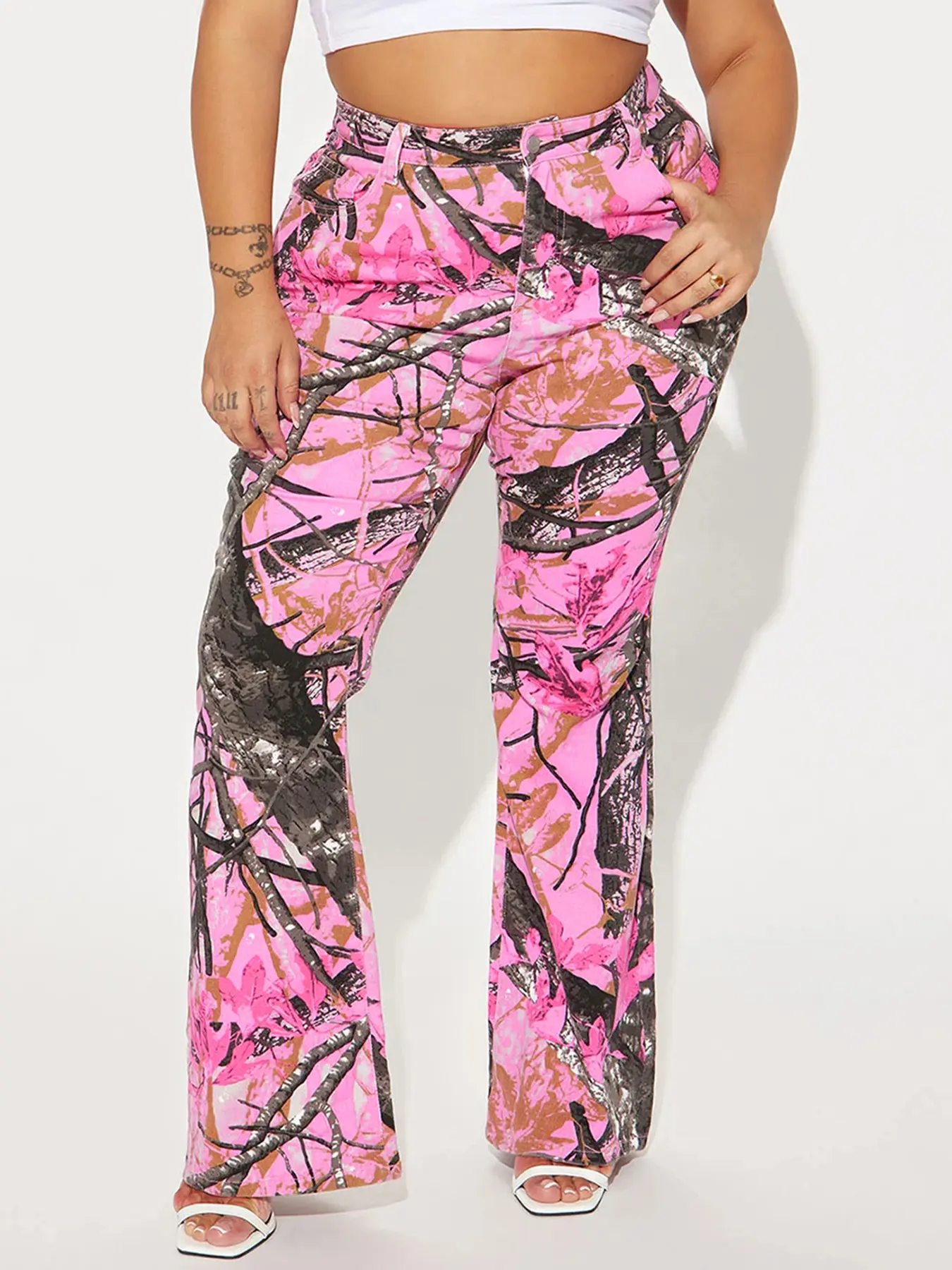 Rockmore Pink Thorn Camouflage Printed Flare Pant Casual High Street Trouser Women Y2k Clothes Autumn Aesthetic Grunge Fairycore