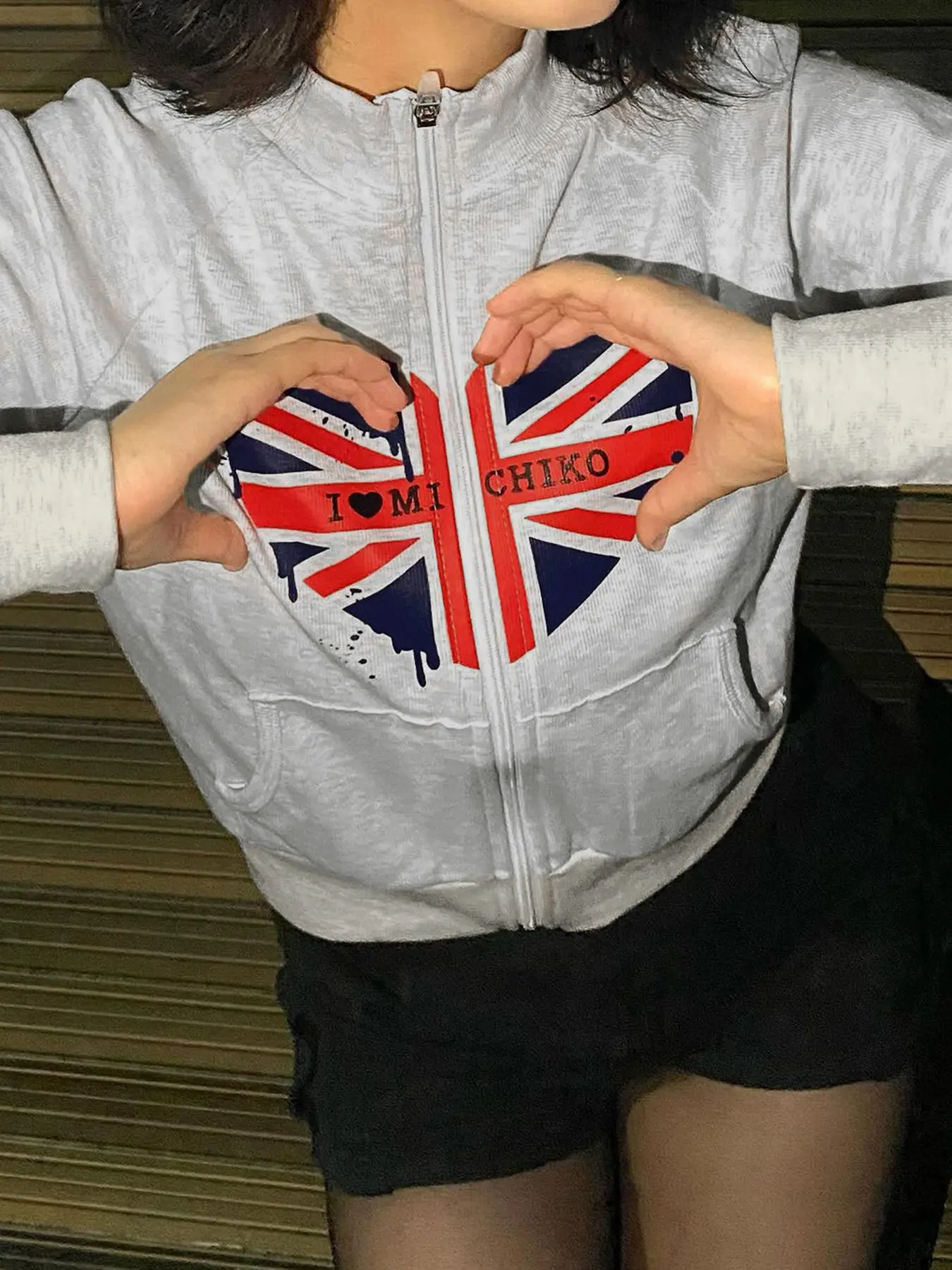 Rockmore Zip-Up Flag Printed Casual Jacket Coat for Women Autumn Winter Vintage Streetwear Y2K Clothing Harajuku All Match Chic